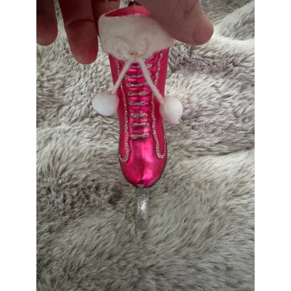 Ice Skate with Heals Glass Blown Christmas Ornament Fur Trim Pom Pom Glitter